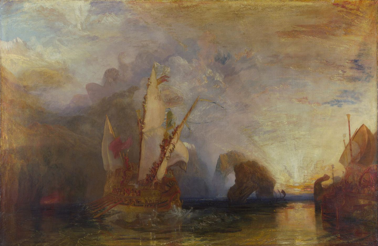 J.M.W. Turner, Ulysses Deriding Polyphemus: Ulysses' ship sails out into a golden dawn